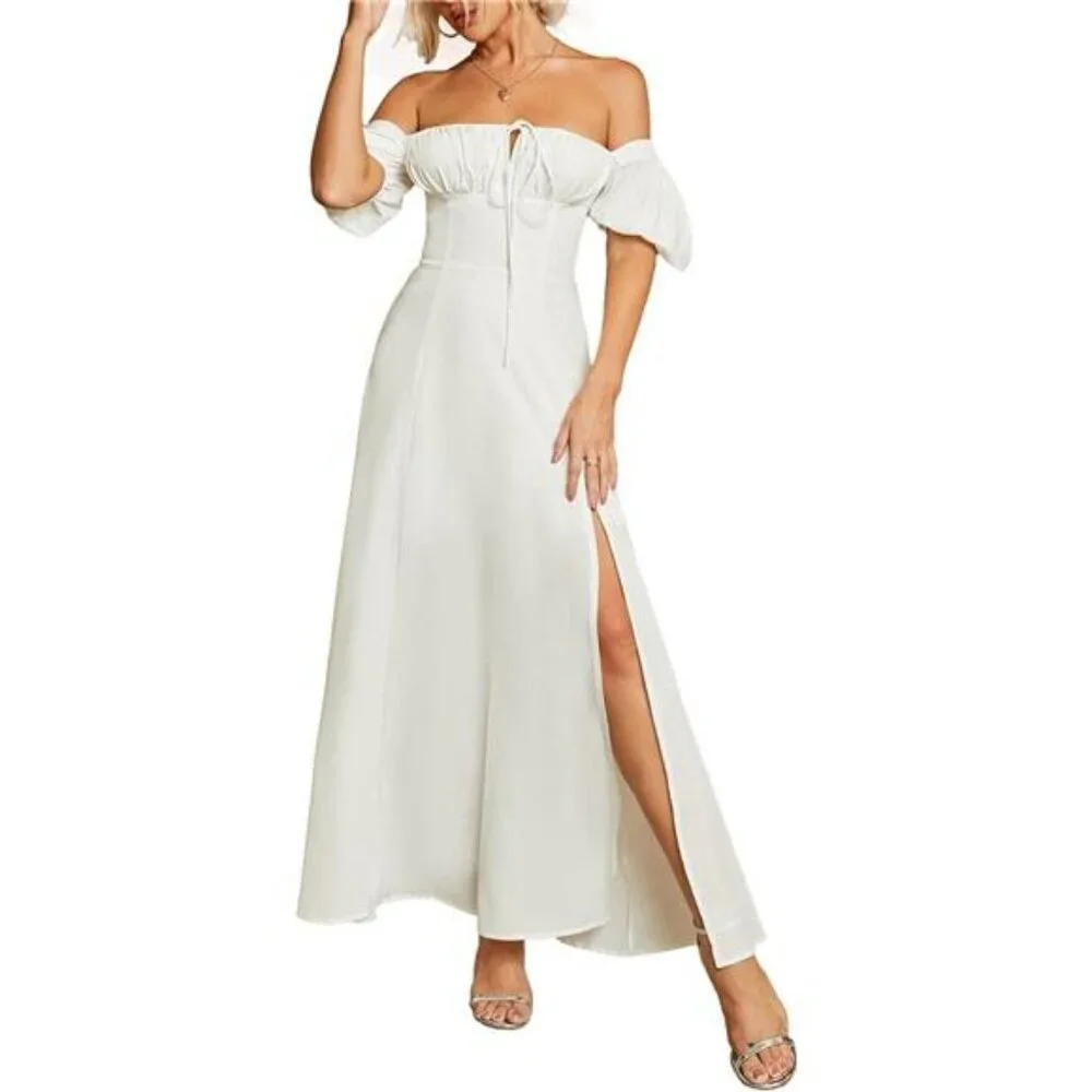 Women's Puff Sleeve Floral Maxi Dress - Backless, Off Shoulder, High Waist - Picture 5 of 5